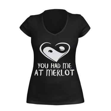 Black VNeck T-Shirt with heart yin yang symbol and text 'you had me at merlot,' designed by WooHoo Apparel.